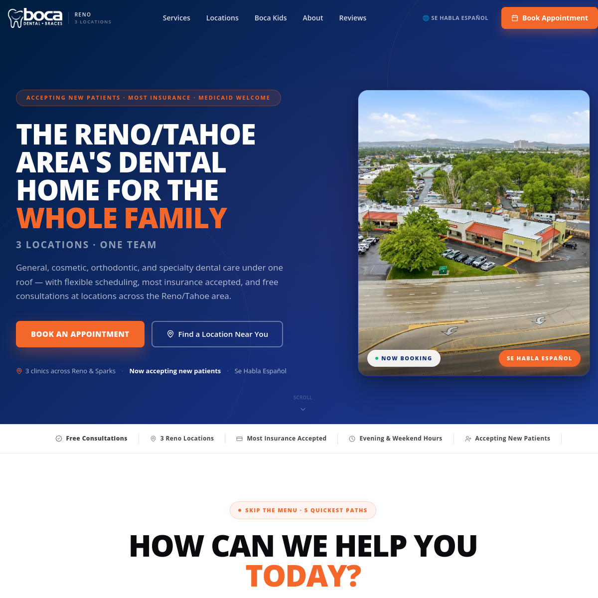 Screenshot of the Boca Dental & Braces — Reno/Tahoe website