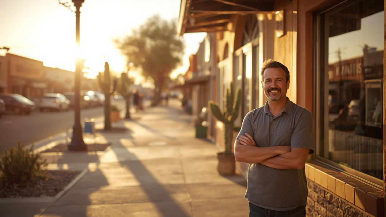 Small business owner standing outside his shop on a Florence, Arizona main street